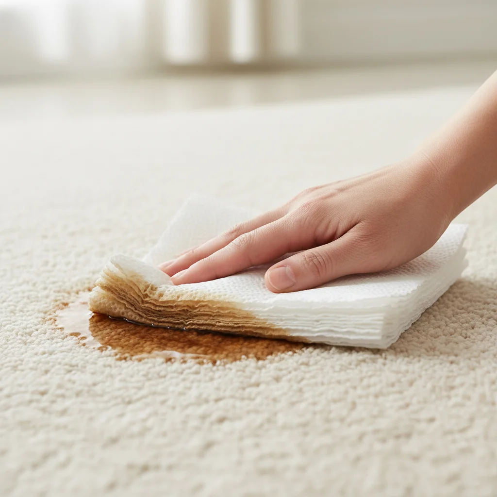 دست در حال جذب لکه چای تازه از روی فرش کرم با حوله کاغذی